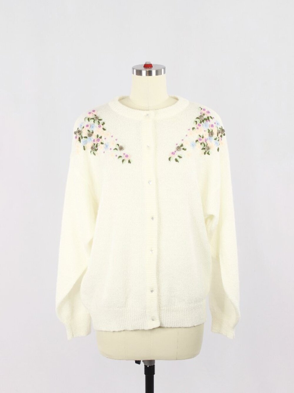 Vintage 00's FUNCTIONALS Ivory Boucle Knit Floral Embroidered Cardigan, Size 36